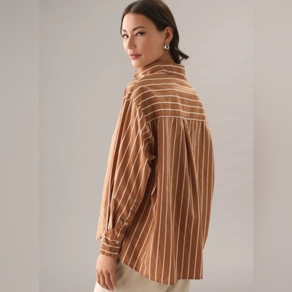 NEW Faithfull the Brand oversized brown white stripe cotton button down Shirt XL